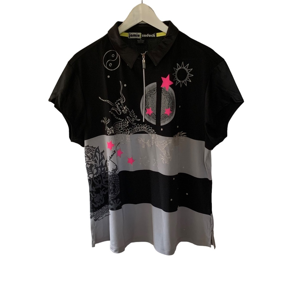 jamie sadock Black Gray Tee with Pink Star Accents